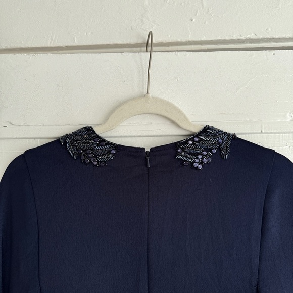 Rickie Freeman For Teri Jon Beaded Cape-Sleeve Satin Gown in Navy - Size 2 - Picture 6 of 14